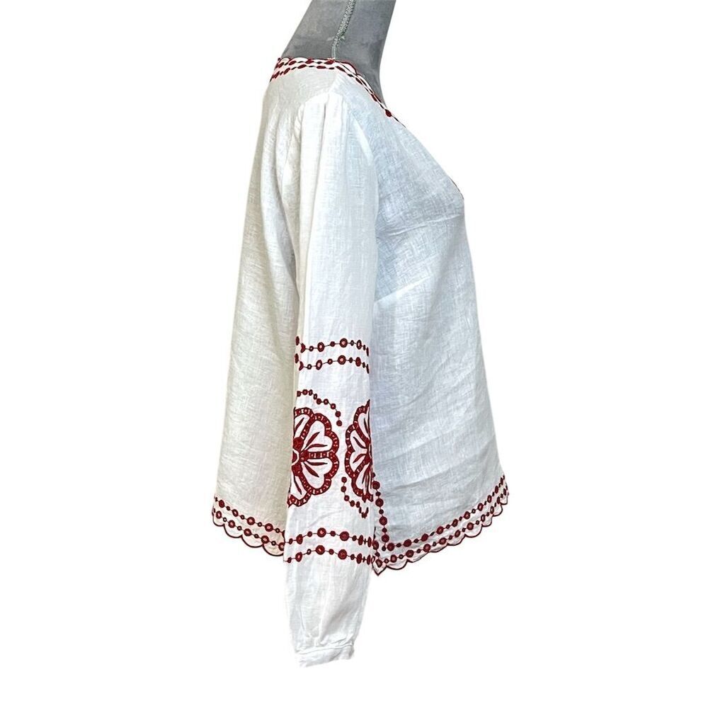 J.Crew Women's White Embroidered 100% Linen V-Neck Boxy Blouse S Chic Vacation - Picture 9 of 14